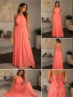 VNAIX Bridal Halter Coral Prom Maxi Dress with Lace-Up Back